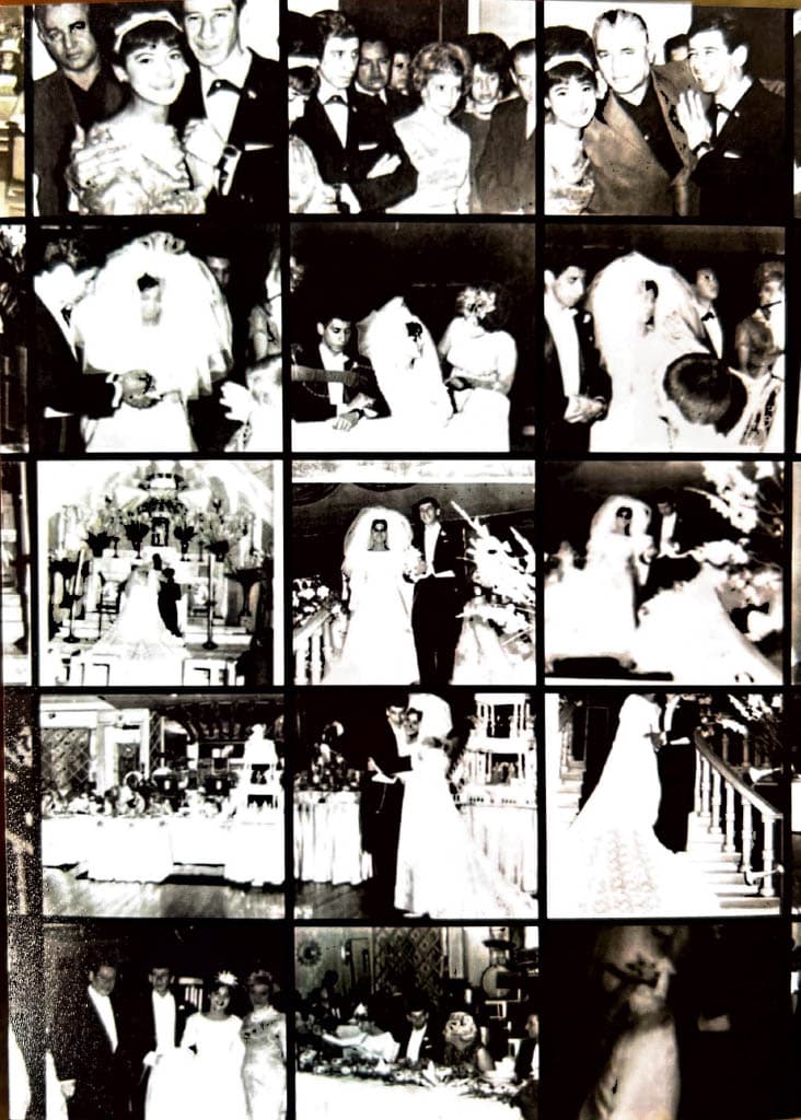 A collage of small black-and-white wedding photos showing different moments from the ceremony and reception, including the couple, family, and guests.