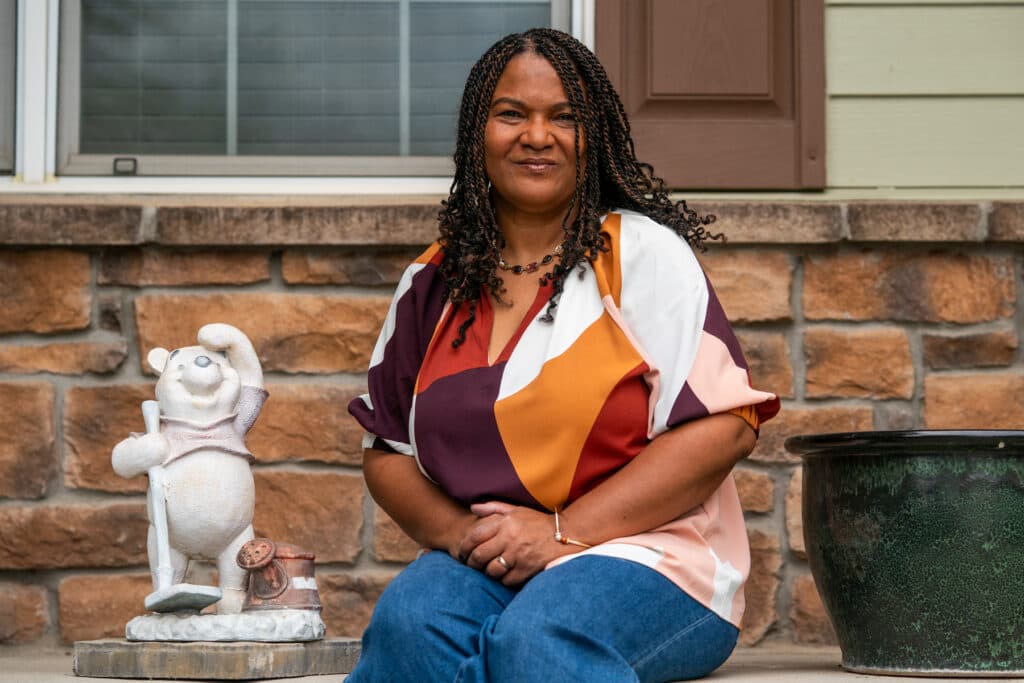 Marla Jones Newman poses with Winnie The Pooh