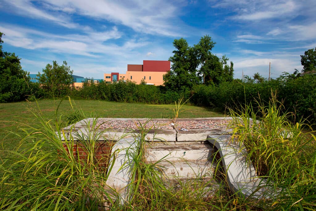Grassy field with steps leading to an empty foundation block of a former home