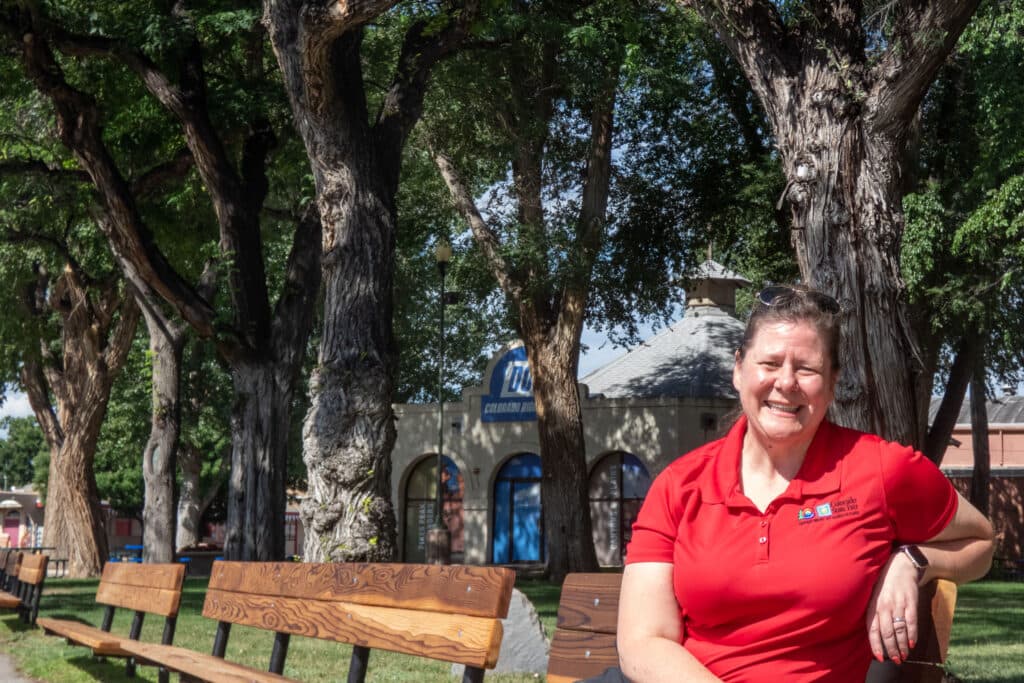 person sits on wooden bench with large trees in the background