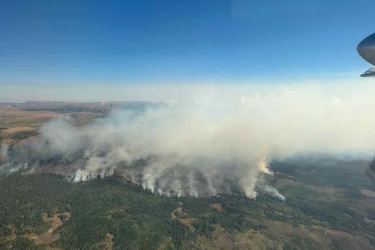 view of a fire burning below in wooded area