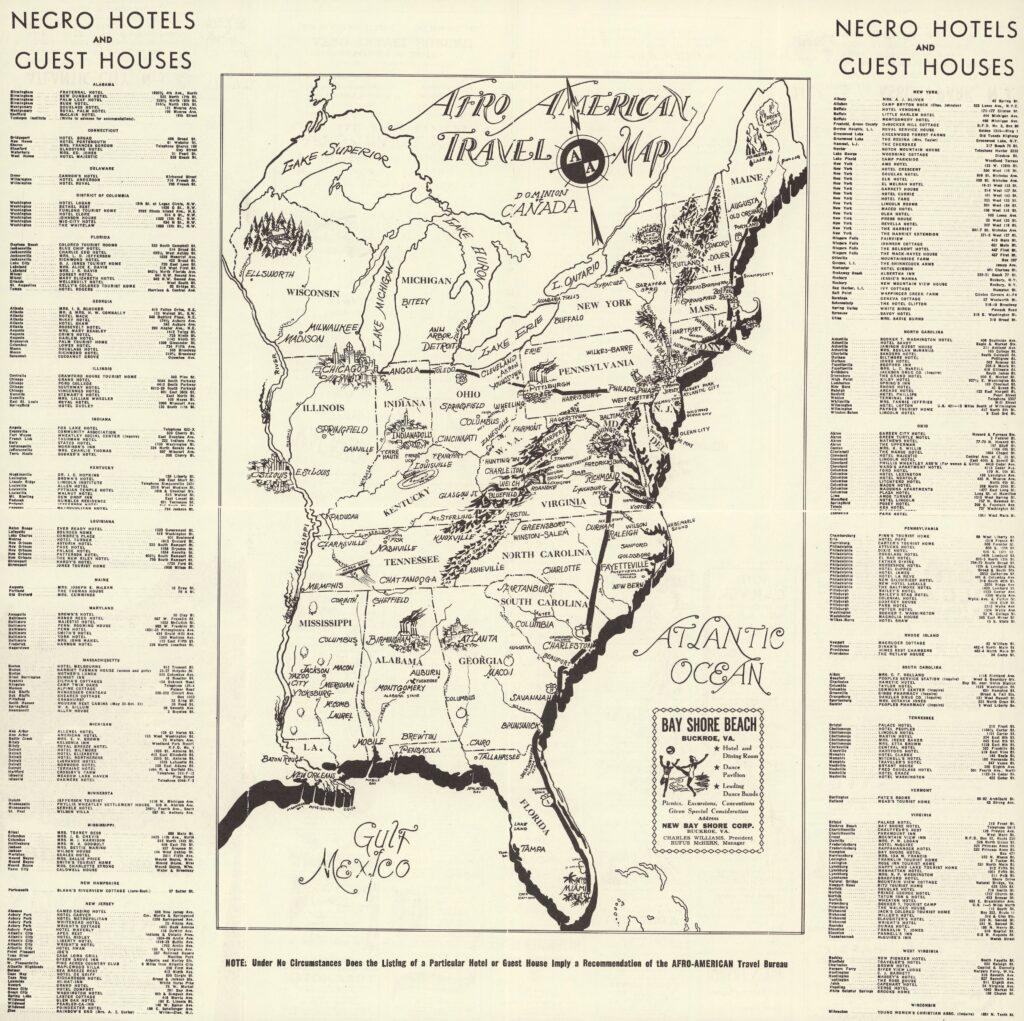 Drawing of a map showing safe places for Black Americans to travel in the Jim Crow era.