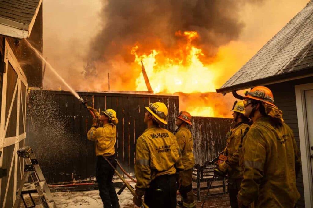 Five firefighters battling a fire near a structure