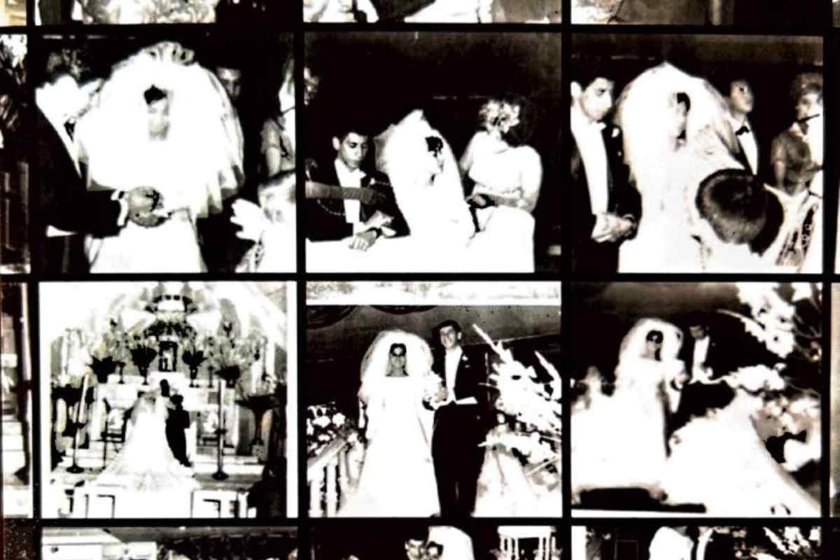 A collage of small black-and-white wedding photos showing different moments from the ceremony and reception, including the couple, family, and guests.