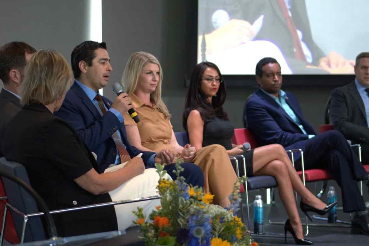 Rep. Gabe Evans speaks alongside fellow members of Colorado's congressional delegation