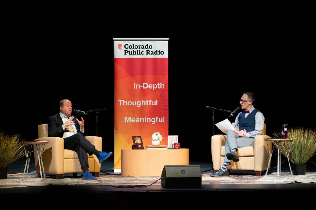 Governor Polis speaks at a Colorado Matters interview at Colorado Mesa University in Grand Junction