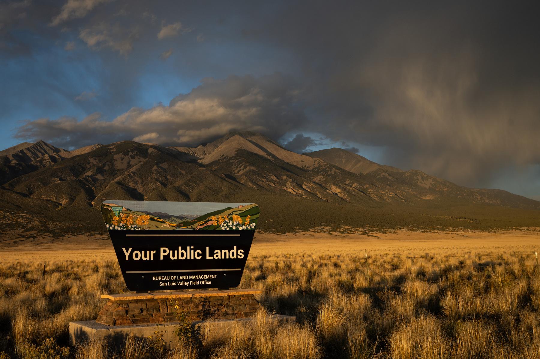 Blanca Peak is the backdrop for a sign promoting public lands.