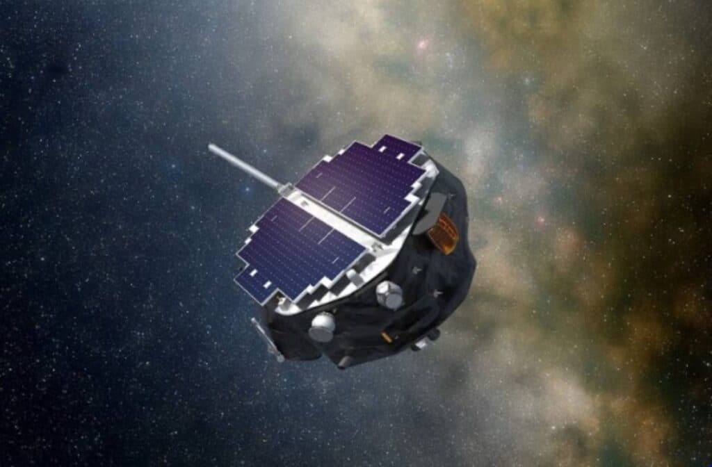 Square spacecraft floating through space.
