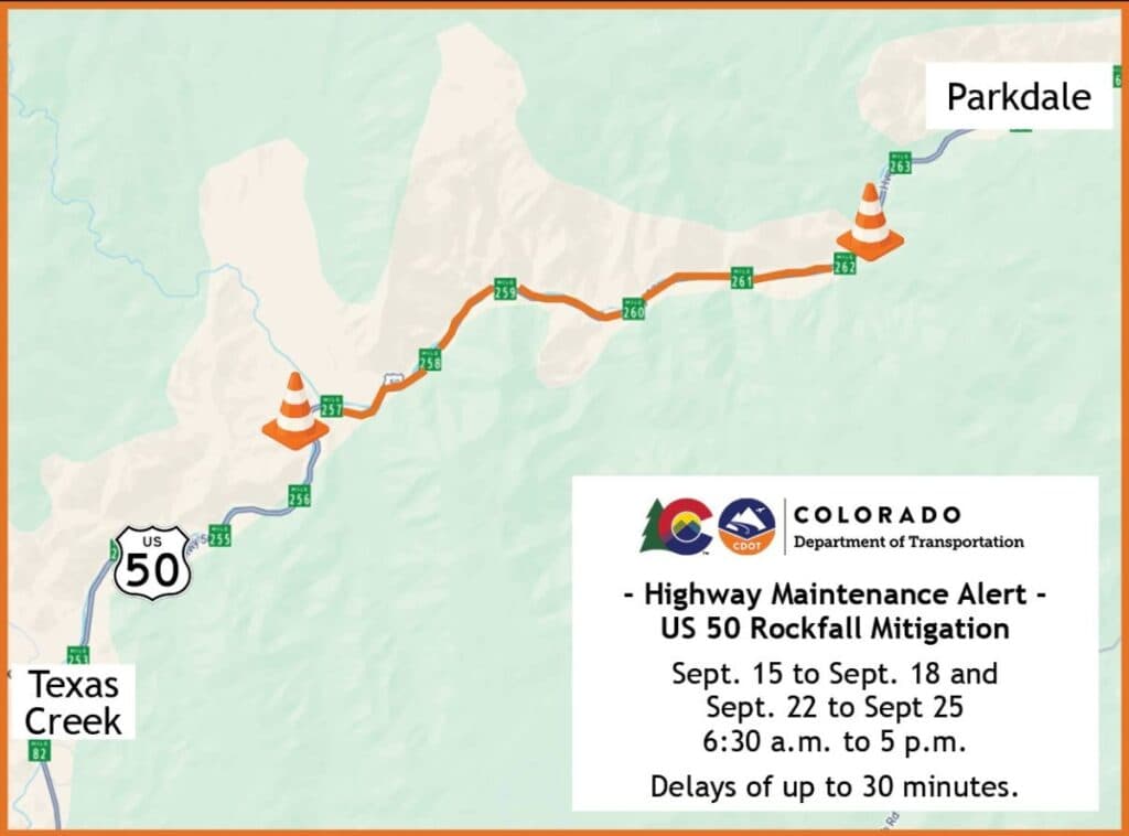 map showing work area on US Highway 50 in fremont county
