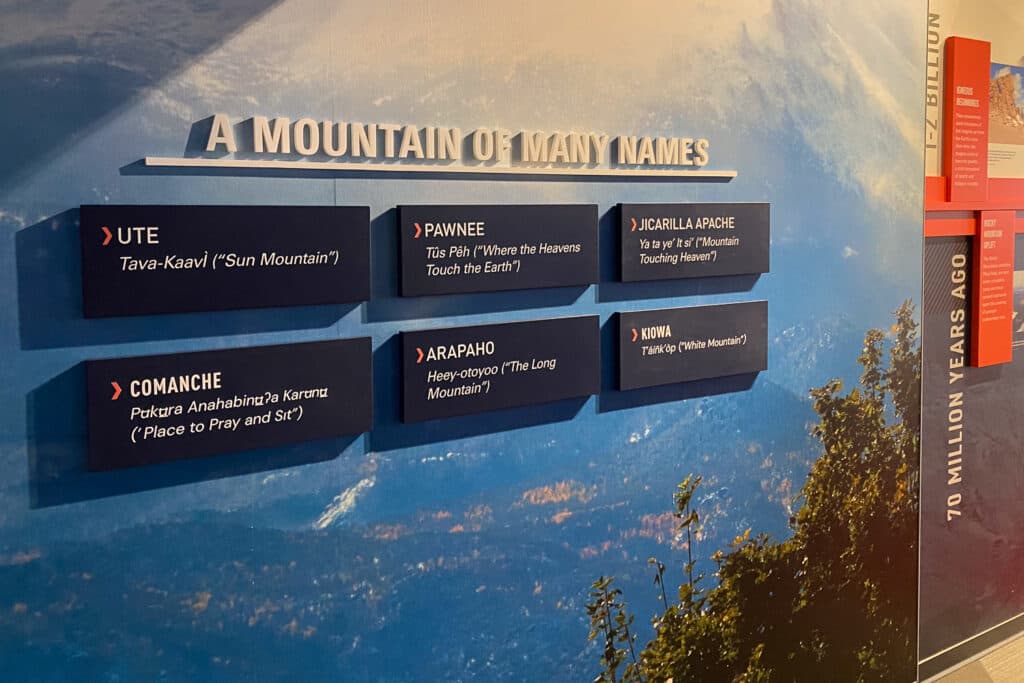 Plaques display Native tribes indigenous to the Pikes Peak area and their word for Pikes Peak.