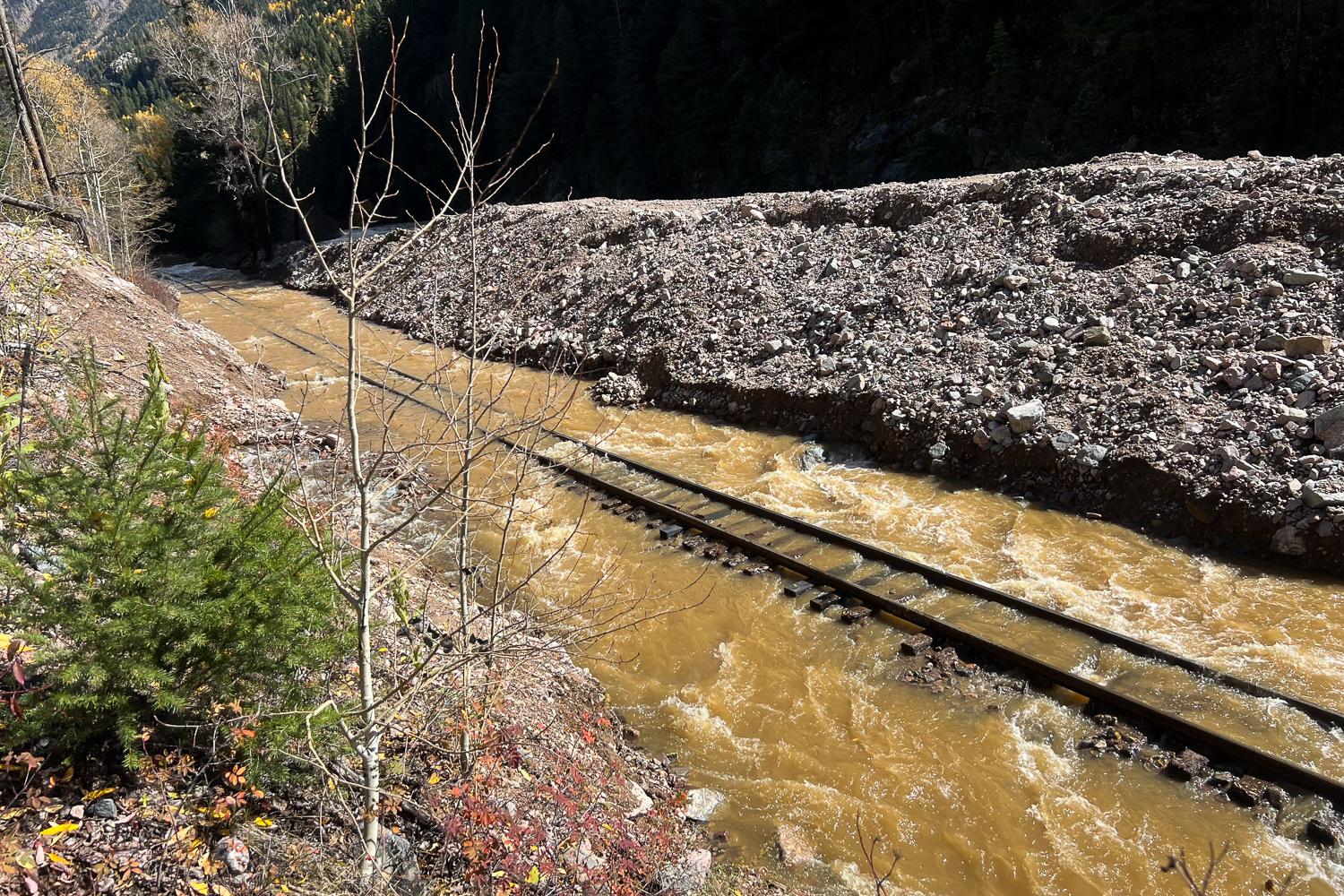 rail road tracks go under murky waters