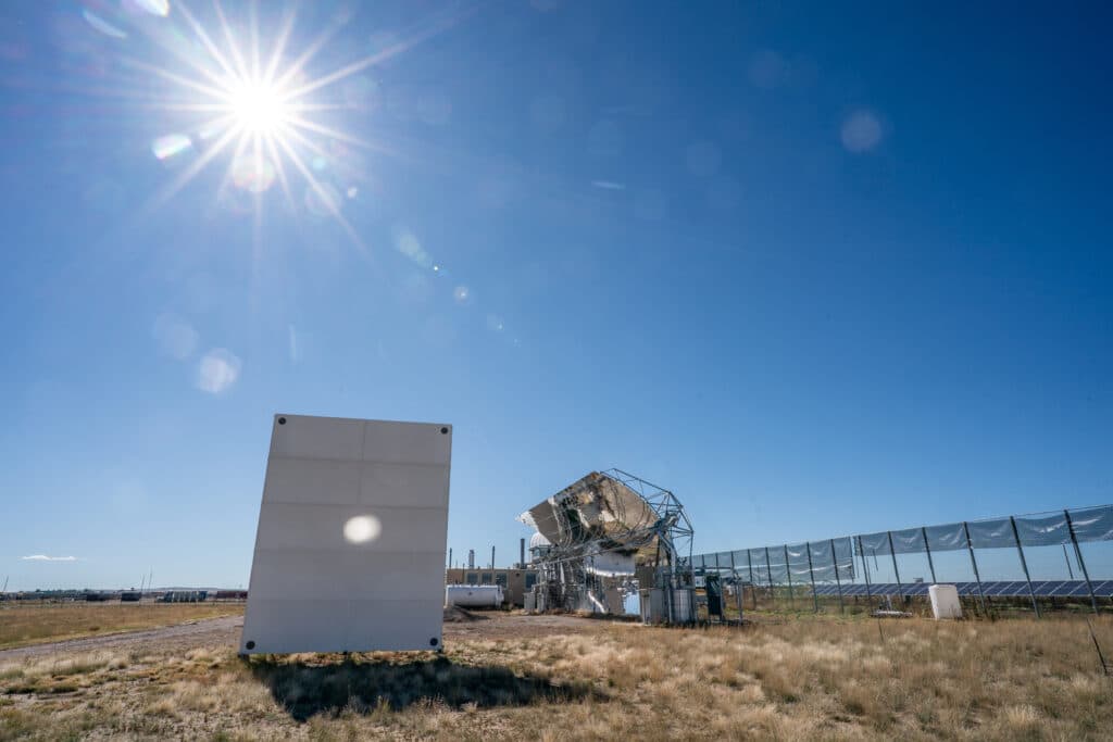 Reflected sunlight on a panel from a heliostat at Solar Dynamics’’s facility outside Watkins