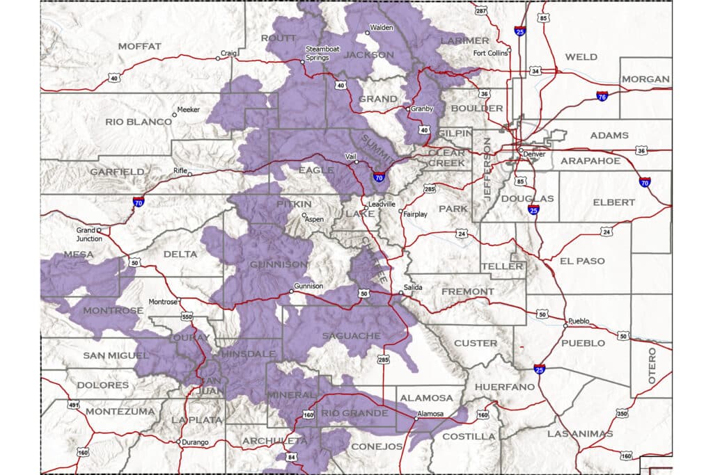A map of Colorado with purple splotches indicating where wolves have been seen