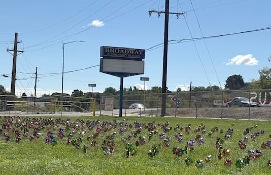 The image features a grassy area with a large number of pinwheels scattered throughout the scene. The figurines are of various sizes and are placed in different positions, creating a visually engaging display. A sign for the school is in the background.