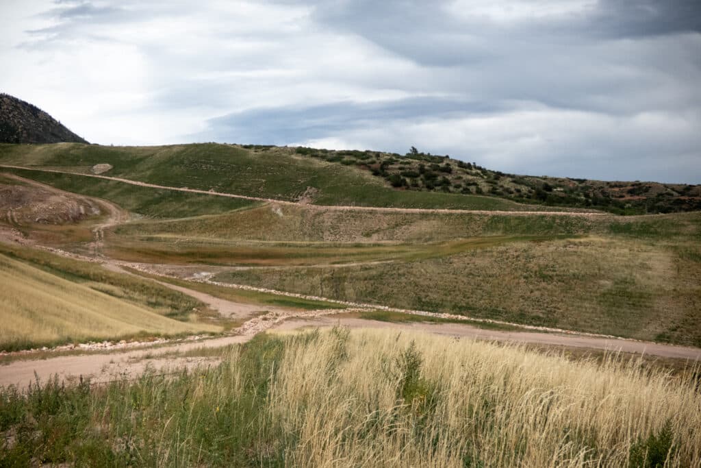 A large, grassy area of hilly terrain with dirt roads running through it. there are trees in the background.