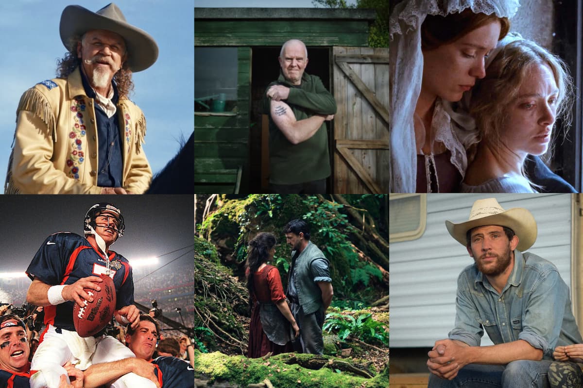 Stills from six fiolms, featuring John C. Reilly as Buffalo Bill, A man lifting up his sleeve to show a "World Porridge Champion" tattoo, Amanda Seyfried dressed as a Shaker, John Elway in his heyday, Jessie Buckley and Paul Mescal in "Hamnet" and Josh O'Connor in a cowboy hat.