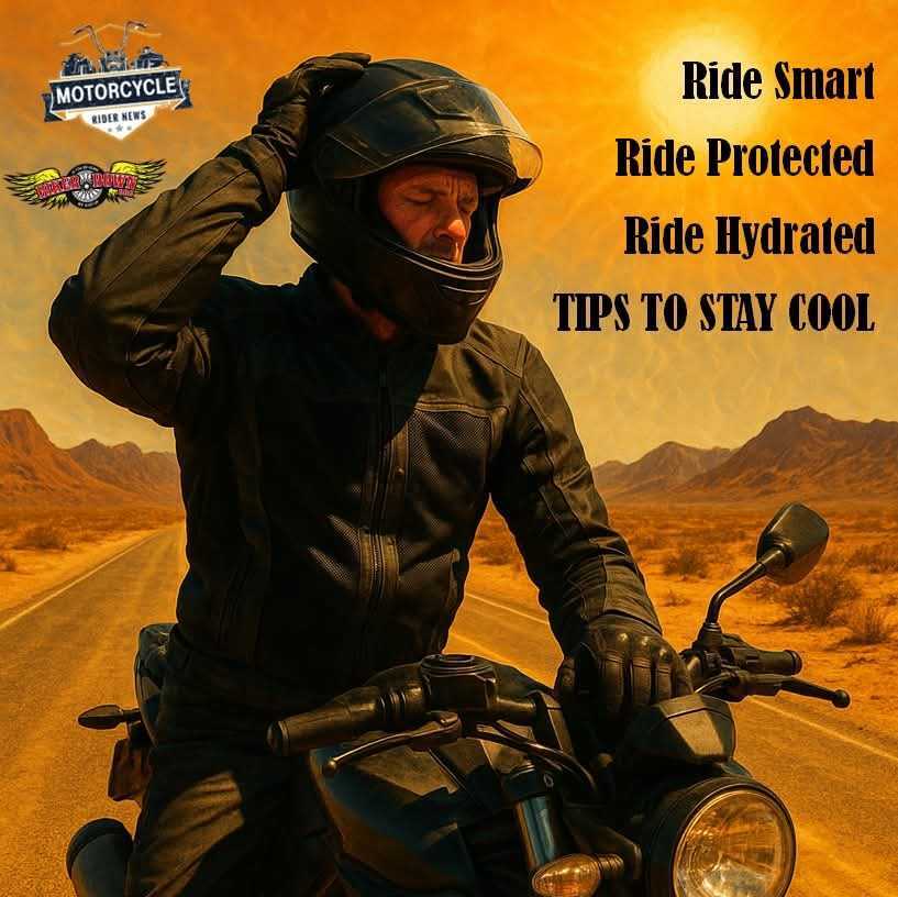 Image shows a motorcyclist wearing black with a black helmet in front of a treated orange background with black writing on the upper right.