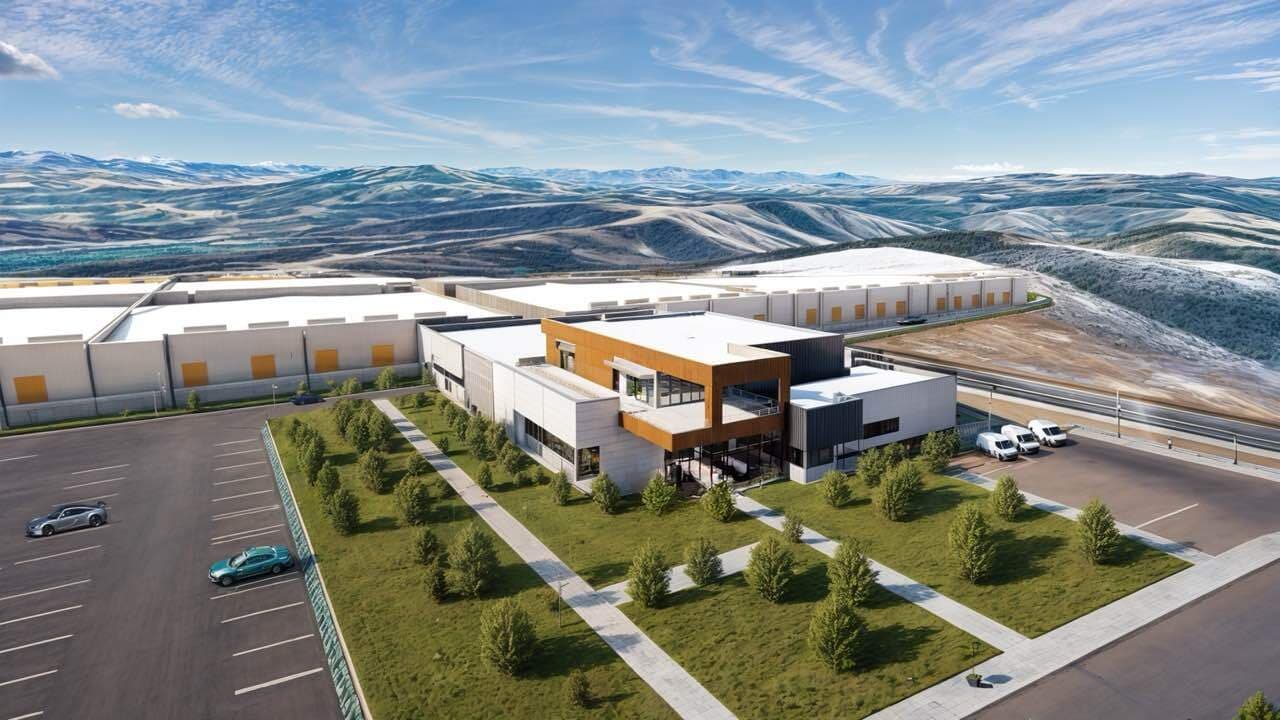 A big modular box-style building and a parking lot are situated in front of a navy blue and white mountain range.