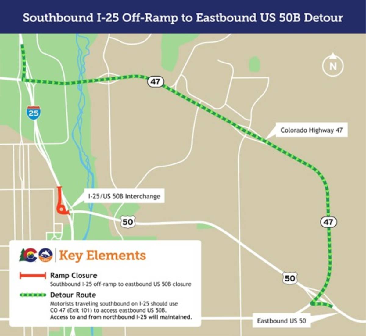 map of a highway with a red line indicating a detour and the map provides directions to the alternative route. The highway is labeled with numbers