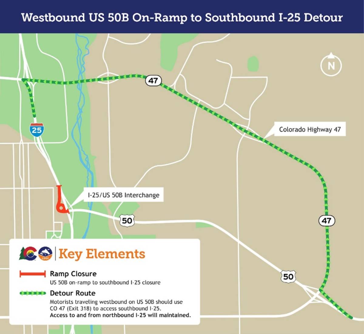 map of a highway with a red line indicating a detour and the map provides directions to the alternative route. The highway is labeled with numbers