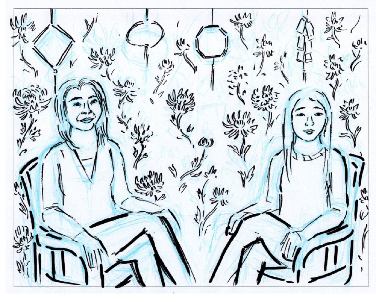 A rough sketch in blue and black ink showing two women sitting down in chairs. There are dandelions covering the whole background.