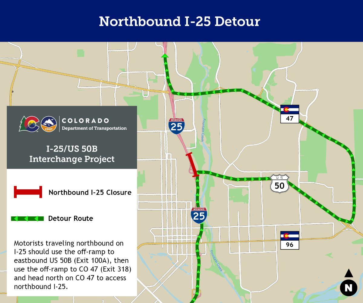 map of northbound I25 detour