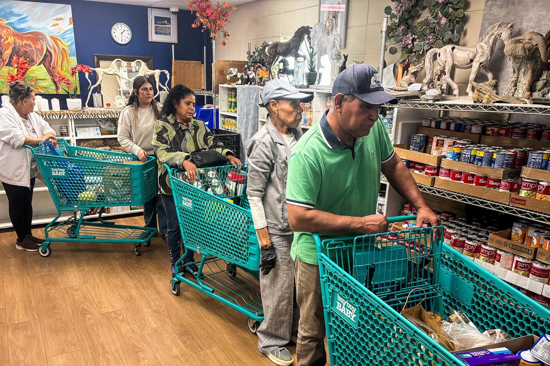 People with shopping carts survey grocery shelves
