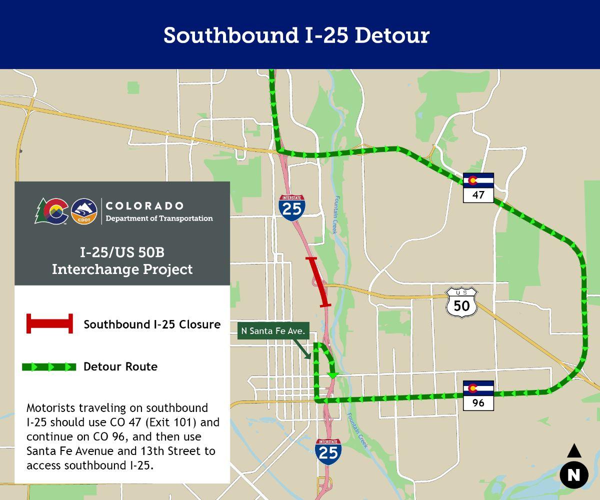 map of southbound detour on I25 in Pueblo