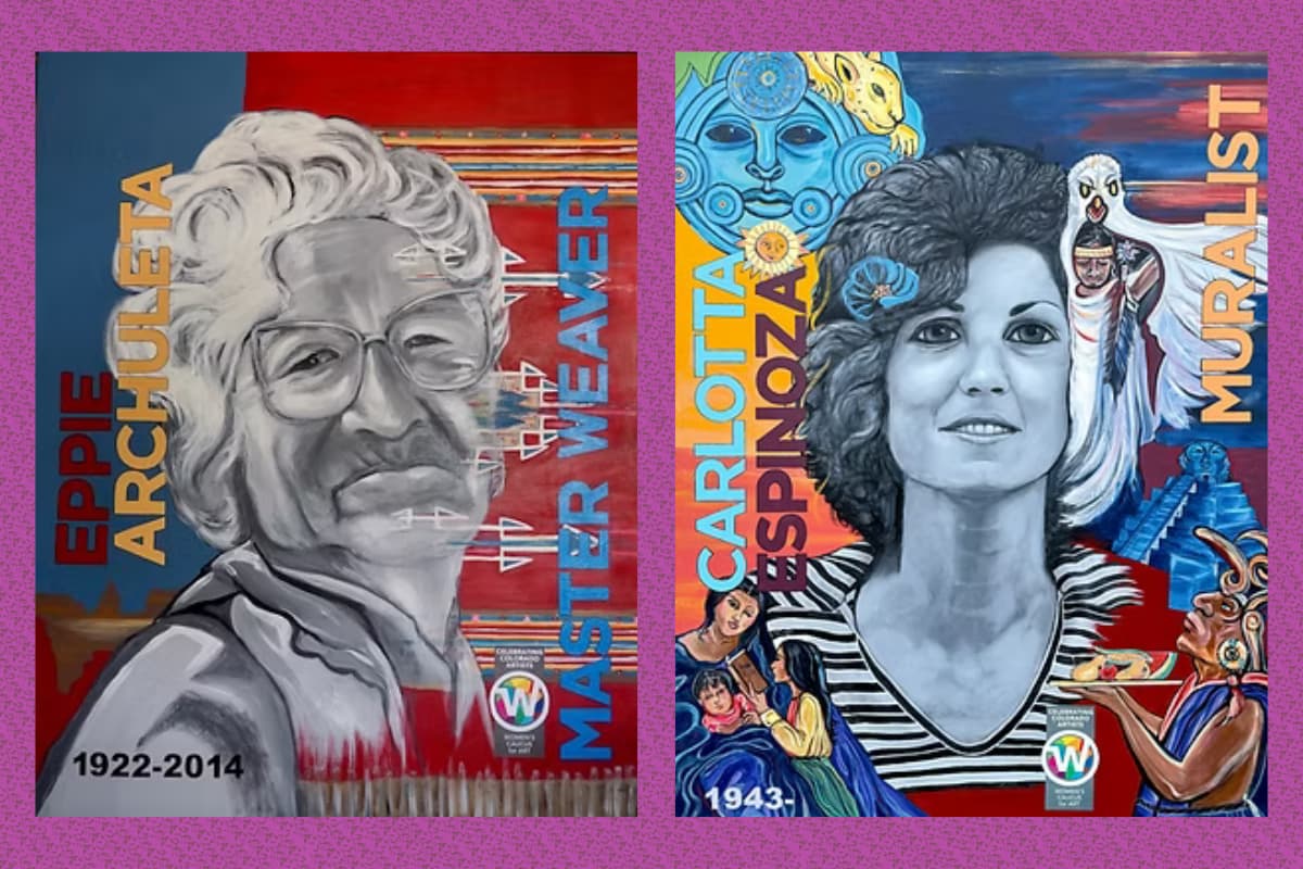 Portraits of Eppie Archuletta and Carlotta Espinoisa are painted in black-and-white. Eppie has red, blue, and earth-toned patterns from her weaving in the background and Carlotta has colorful Chicano/a symbols and figures from her murals in the background.