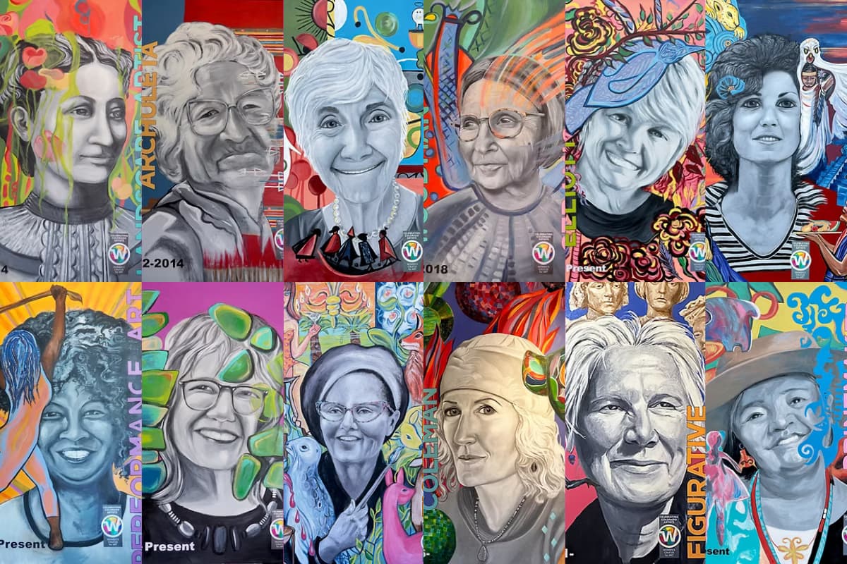 Portraits of twelve women, painted in black-and-white, surrounded by colorful depections from their own art or artistic practice.