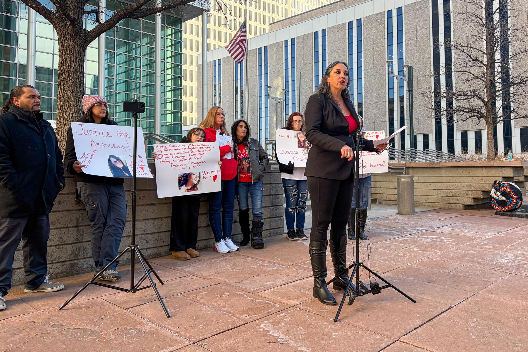 Anita Springsteen speaks with reporters