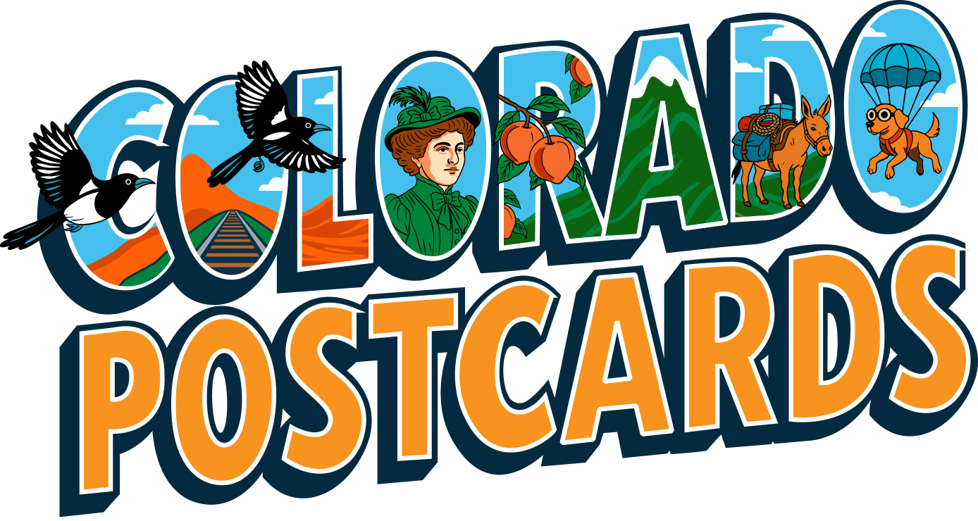 The words "Colorado Postcards" with illustrations of animals and a woman