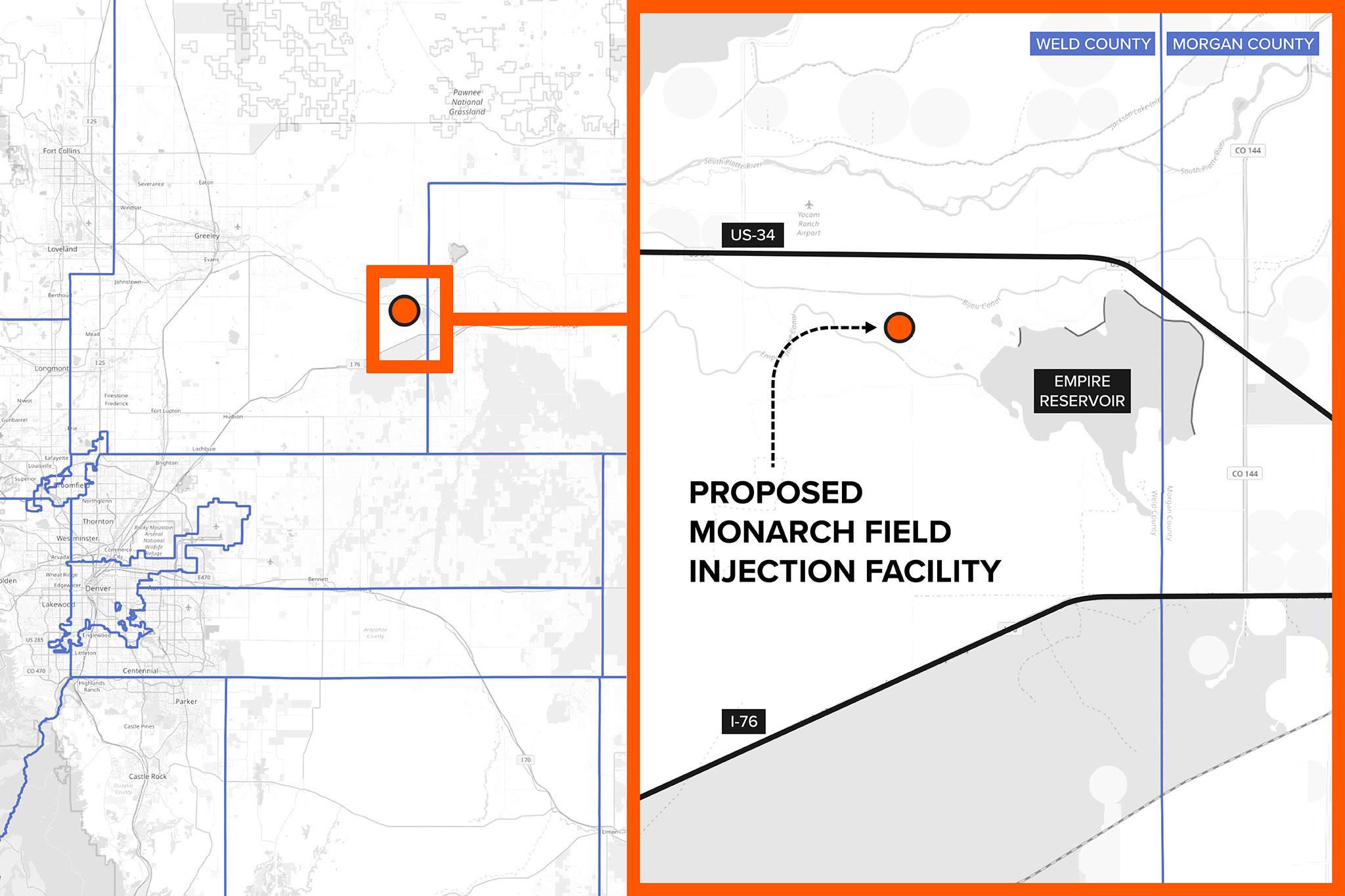 A map showing the location of the proposed Monarch Field Injection Facility site in southern Weld County, near the border with Morgan County.