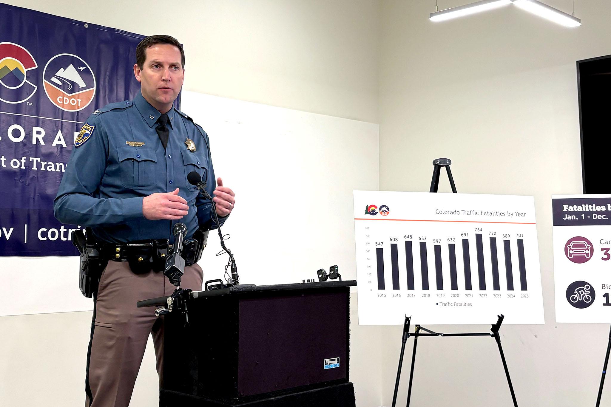 A man in a blue police uniform, affixed with a shiny gold star, speaks at microphones at a podium. A bar chart on an easel next to him shows generally increasing numbers of traffic fatalities.