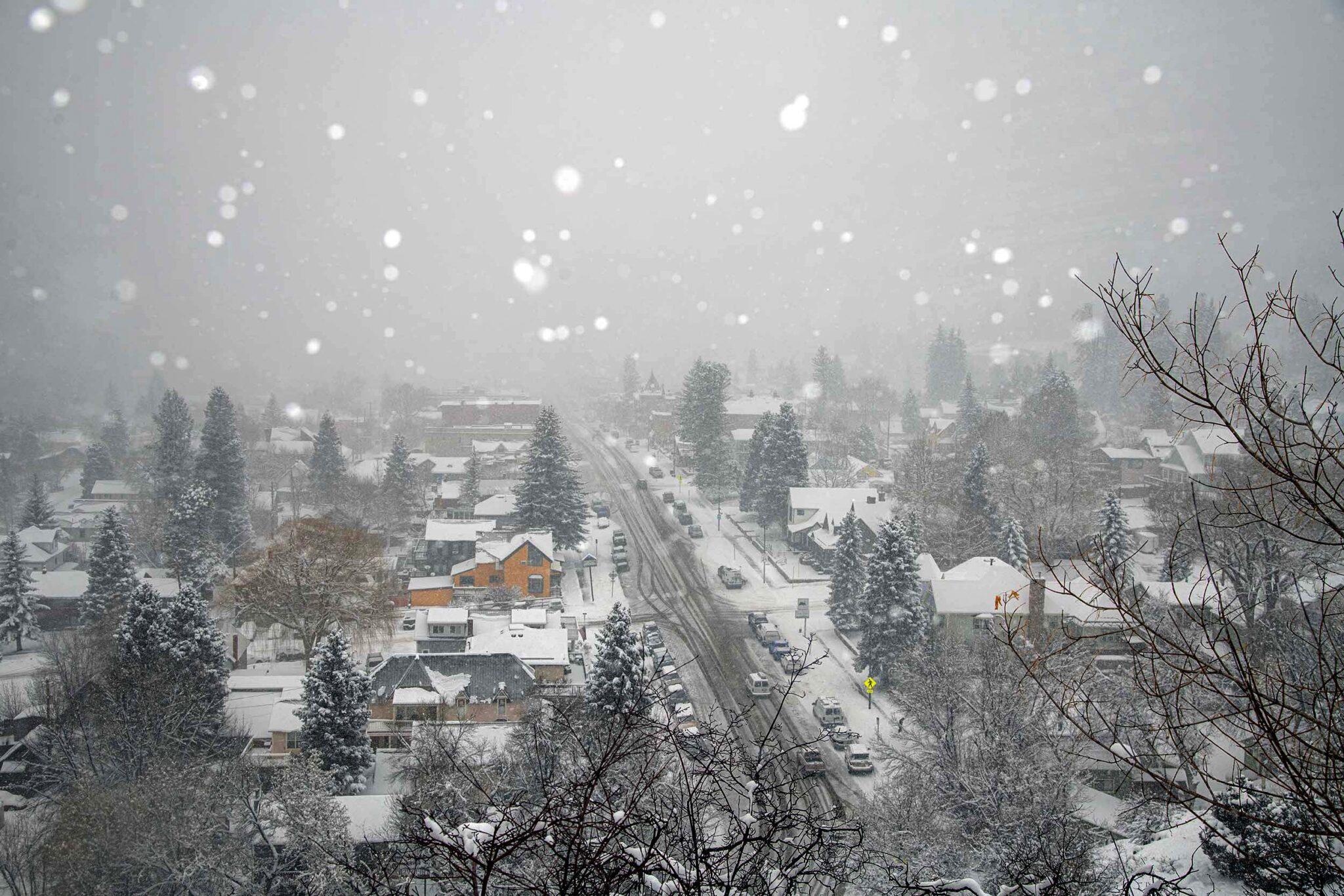 Snow falls over downtown Ouray during the Ouray Ice Festival. Jan. 24, 2026.