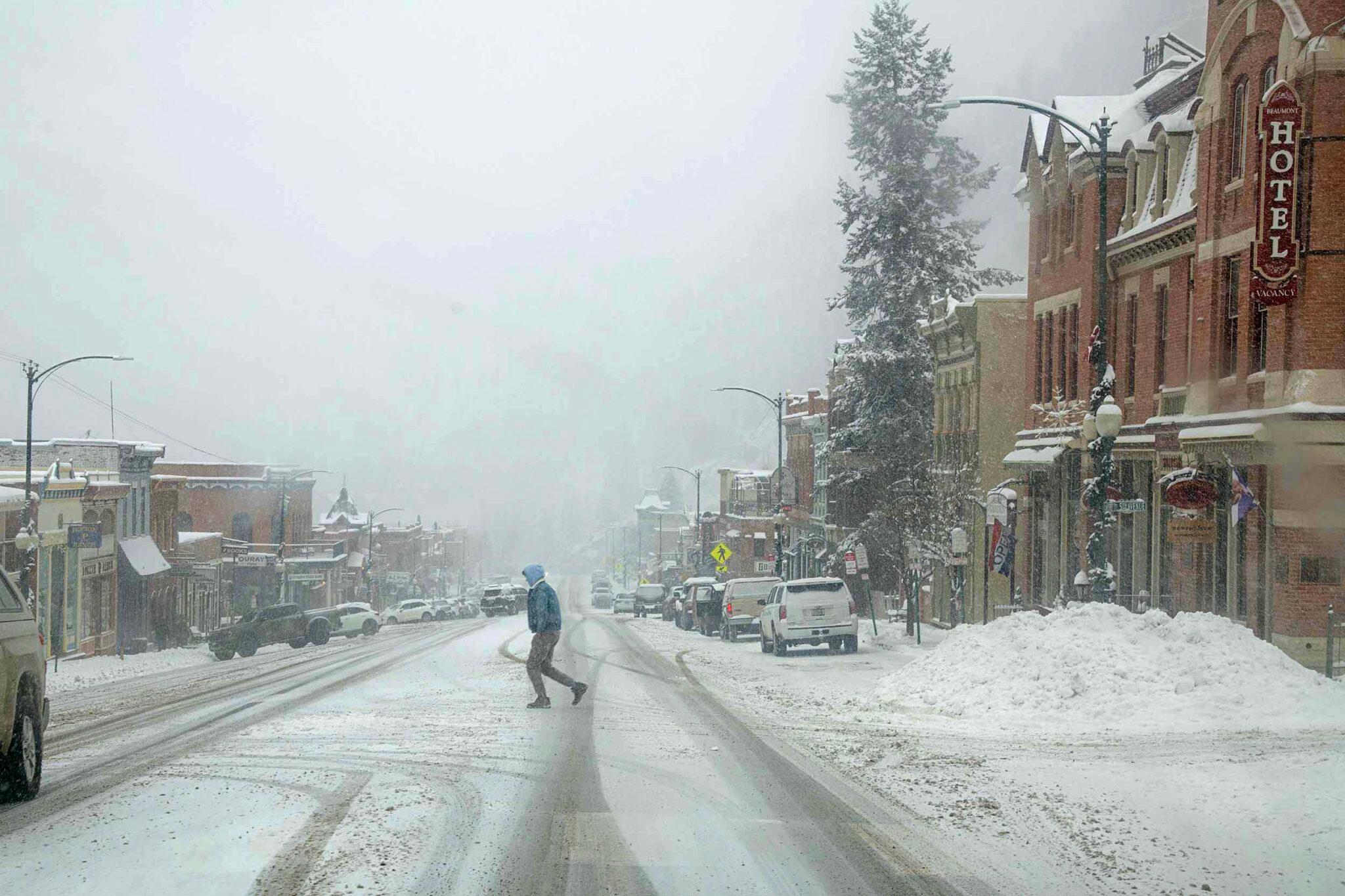 Snow falls over downtown Ouray during the Ouray Ice Festival. Jan. 24, 2026.