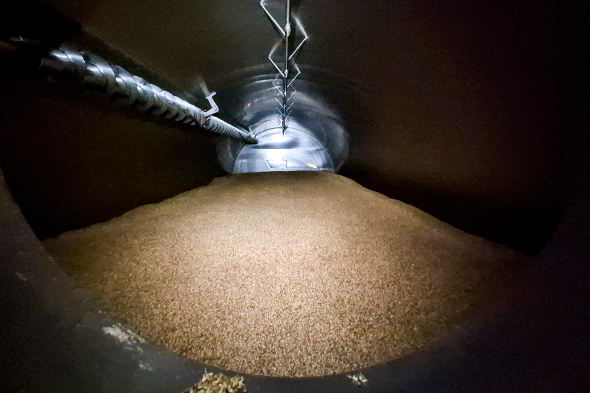 A look into a giant metal cylinder, filled with grains. There's a light at the end of the tunnel.