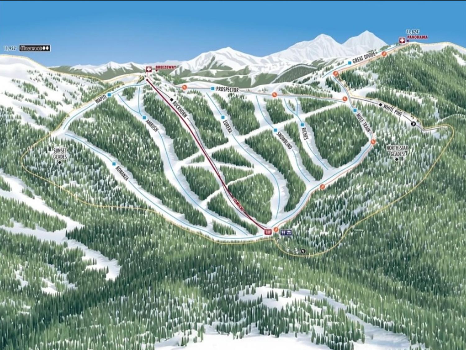 illustration of snow covered ski trails surrounded by trees in the mountains