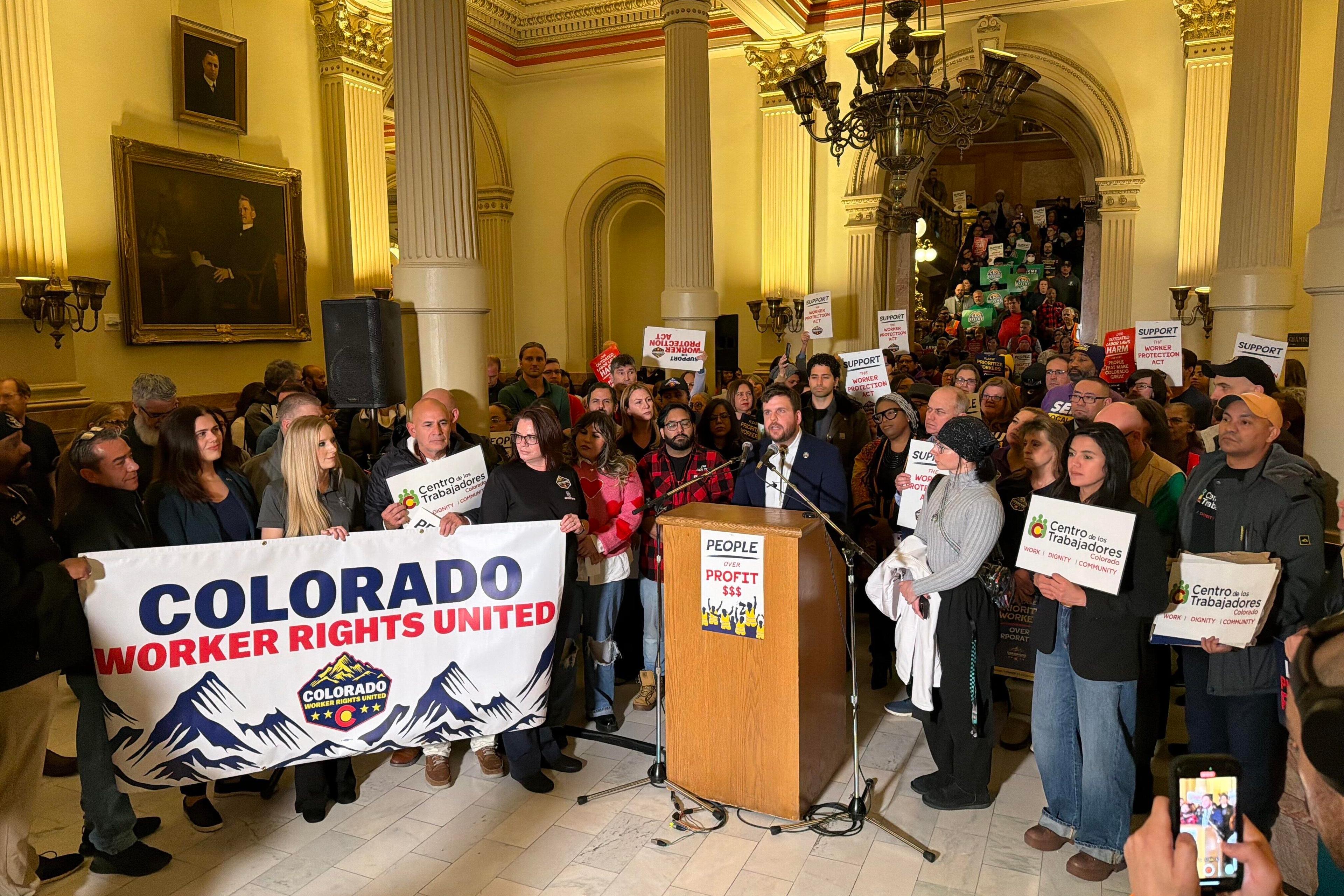 Democratic Rep. Javier Mabrey of Denver speaks at a rally launching a bill to make it easier for Colorado workers to unionize at the State Capitol on Thursday, January 8, 2026. The legislature passed the same measure last year, but it was vetoed by Gov. Jared Polis.