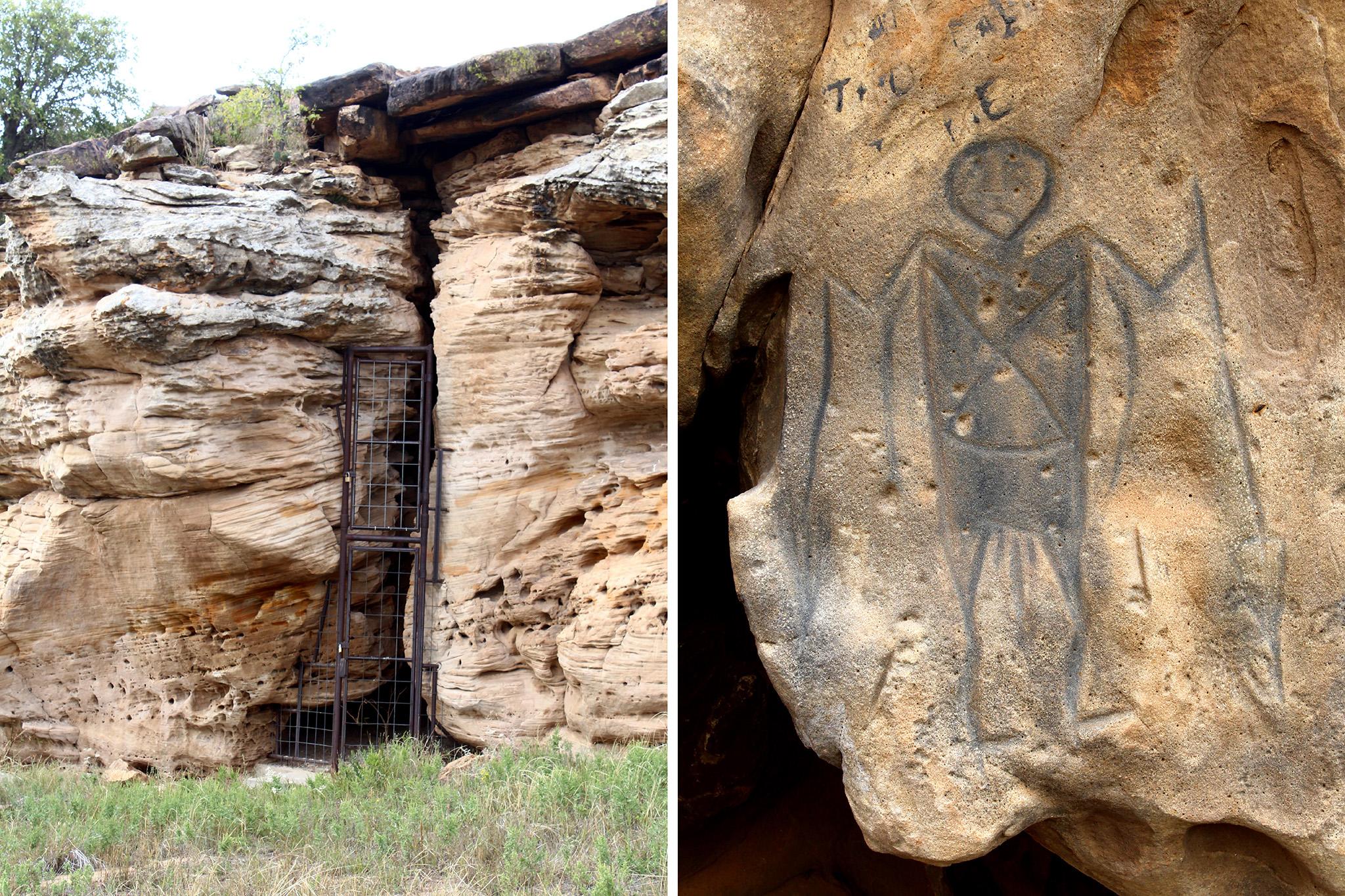 metal gate blocking opening to narrow canyon and a humanoid figure panted on a rock wall
