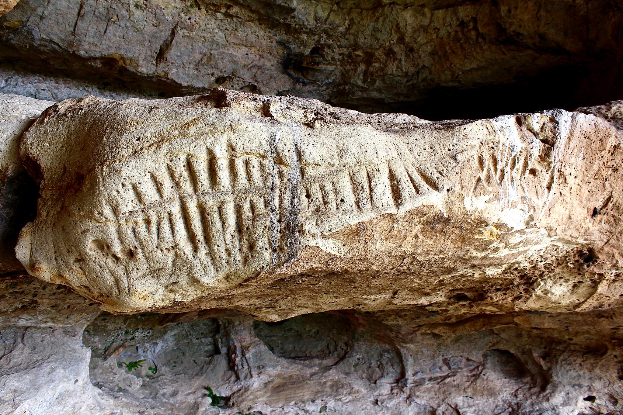 many mostly vertical lines incised in a rock