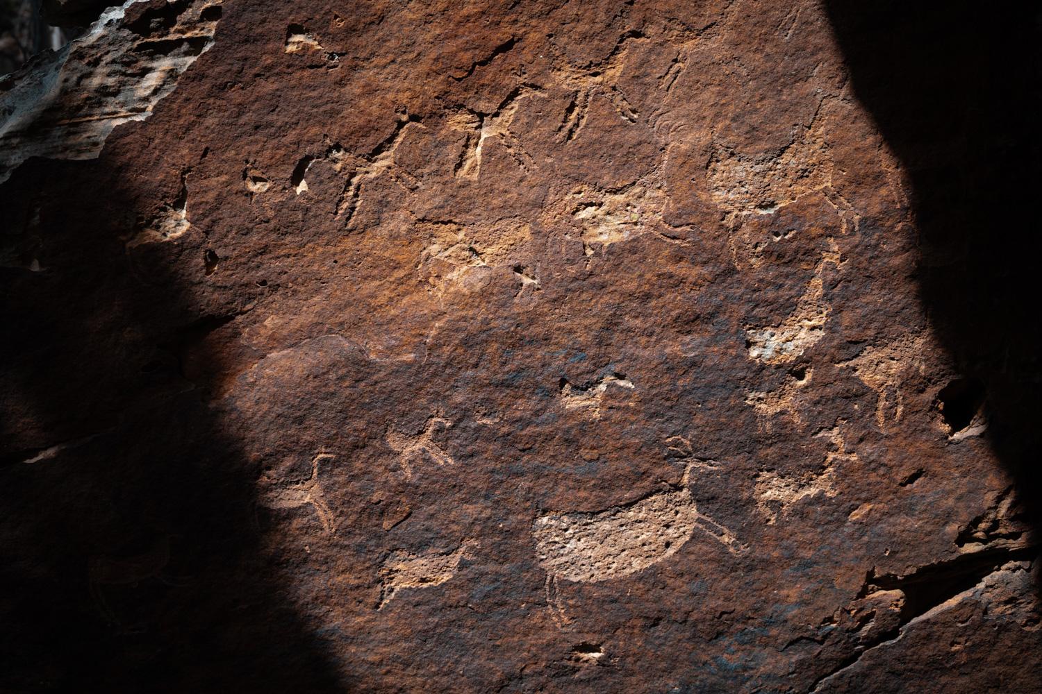 rock with various carvings on it, including animal figures