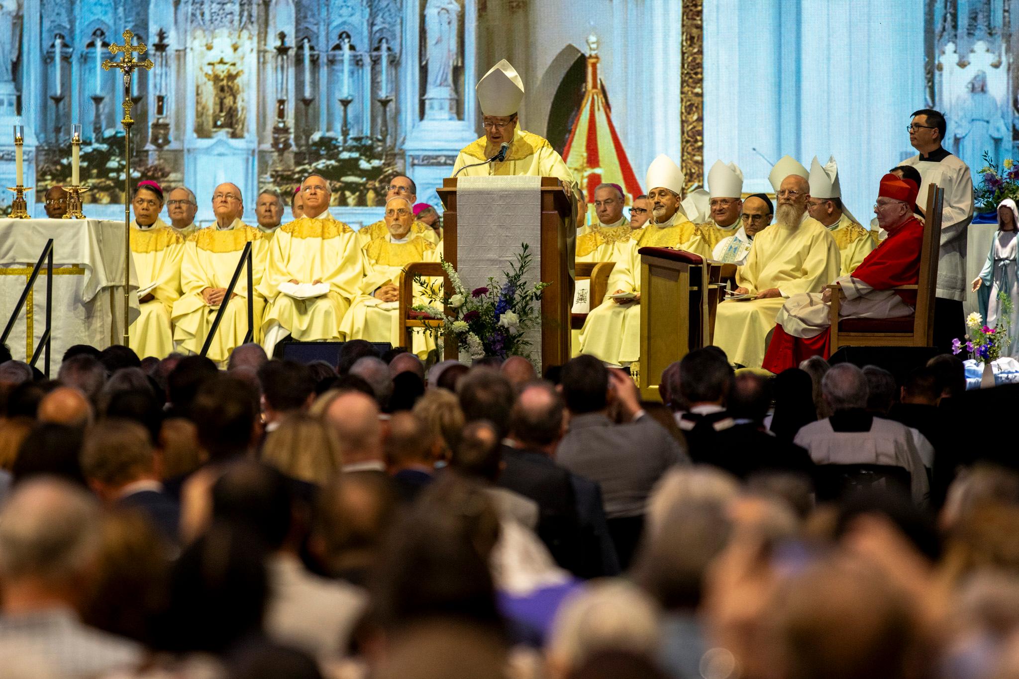 A man in a big, pointy hat and golden robes speaks at a podium as a large crowd watches from the foreground.