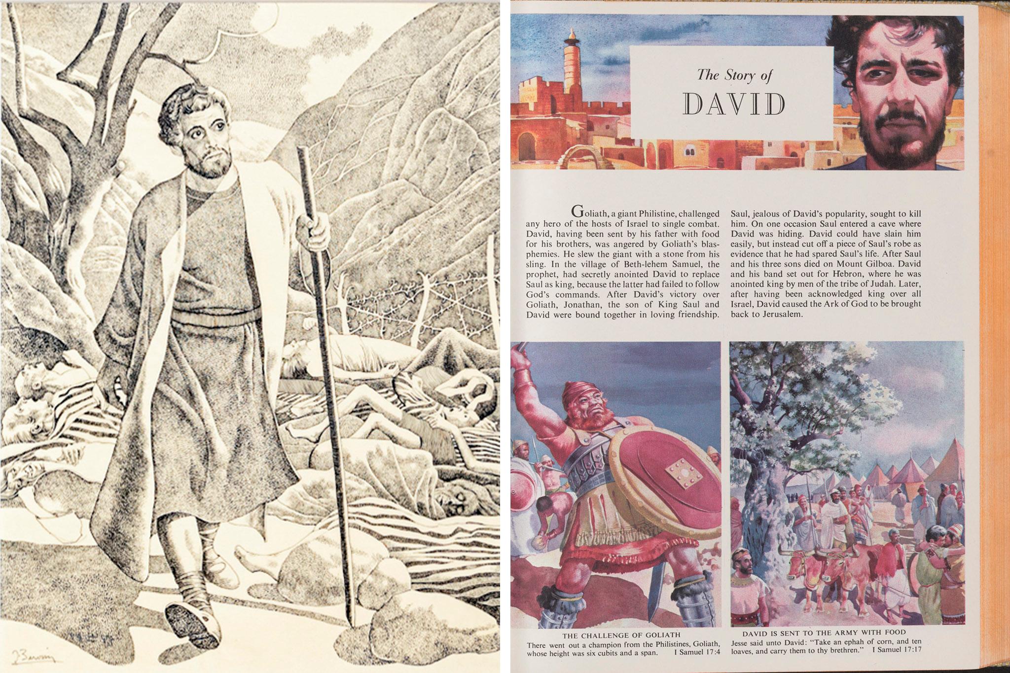 side by side biblical imagery - one is a sketch the other is a page from a book