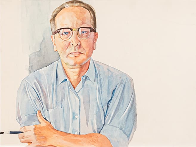 a color painting of a man with glasses holding a paint brush