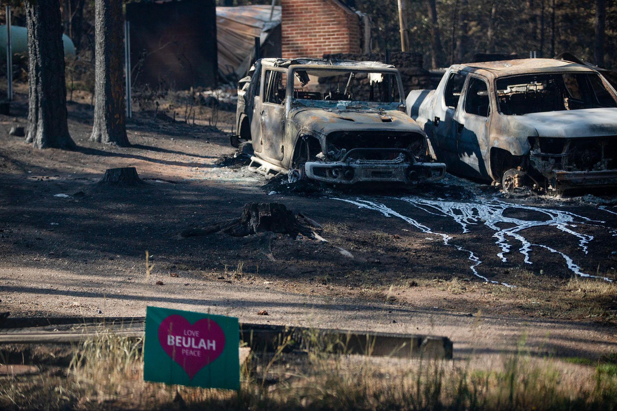 Cars burned by the Aspen Acres fire in Beulah on July 10, 2026.